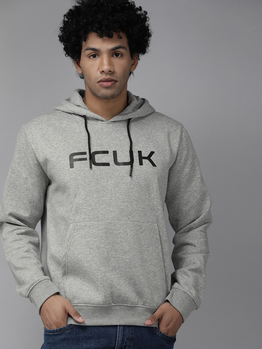 

French Connection Men Grey Melange Printed Hooded Sweatshirt