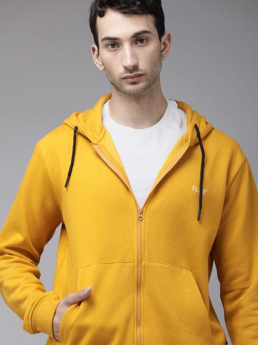

French Connection Men Yellow Printed Hooded Sweatshirt