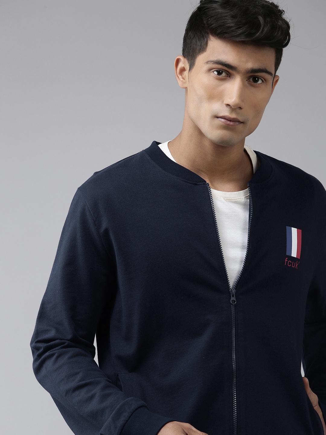 

French Connection Men Navy Blue Solid Front-Open Sweatshirt