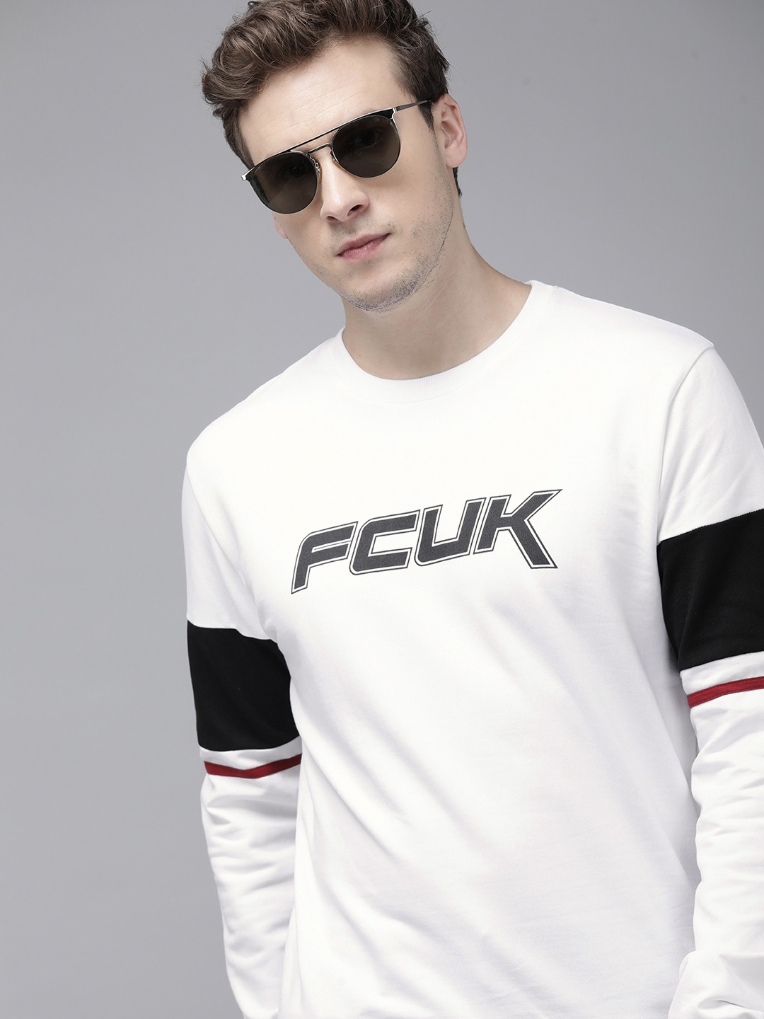 

French Connection Men White Brand Logo Printed Sweatshirt with Striped Sleeves