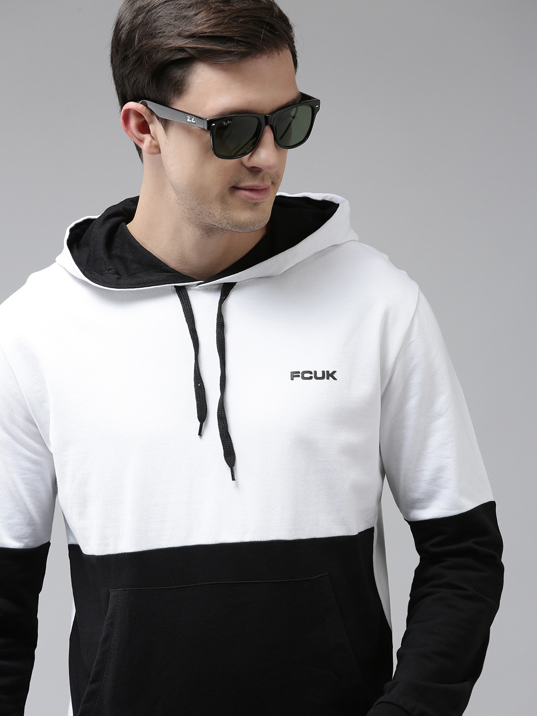 

French Connection Men White & Black Colourblocked Hooded Sweatshirt