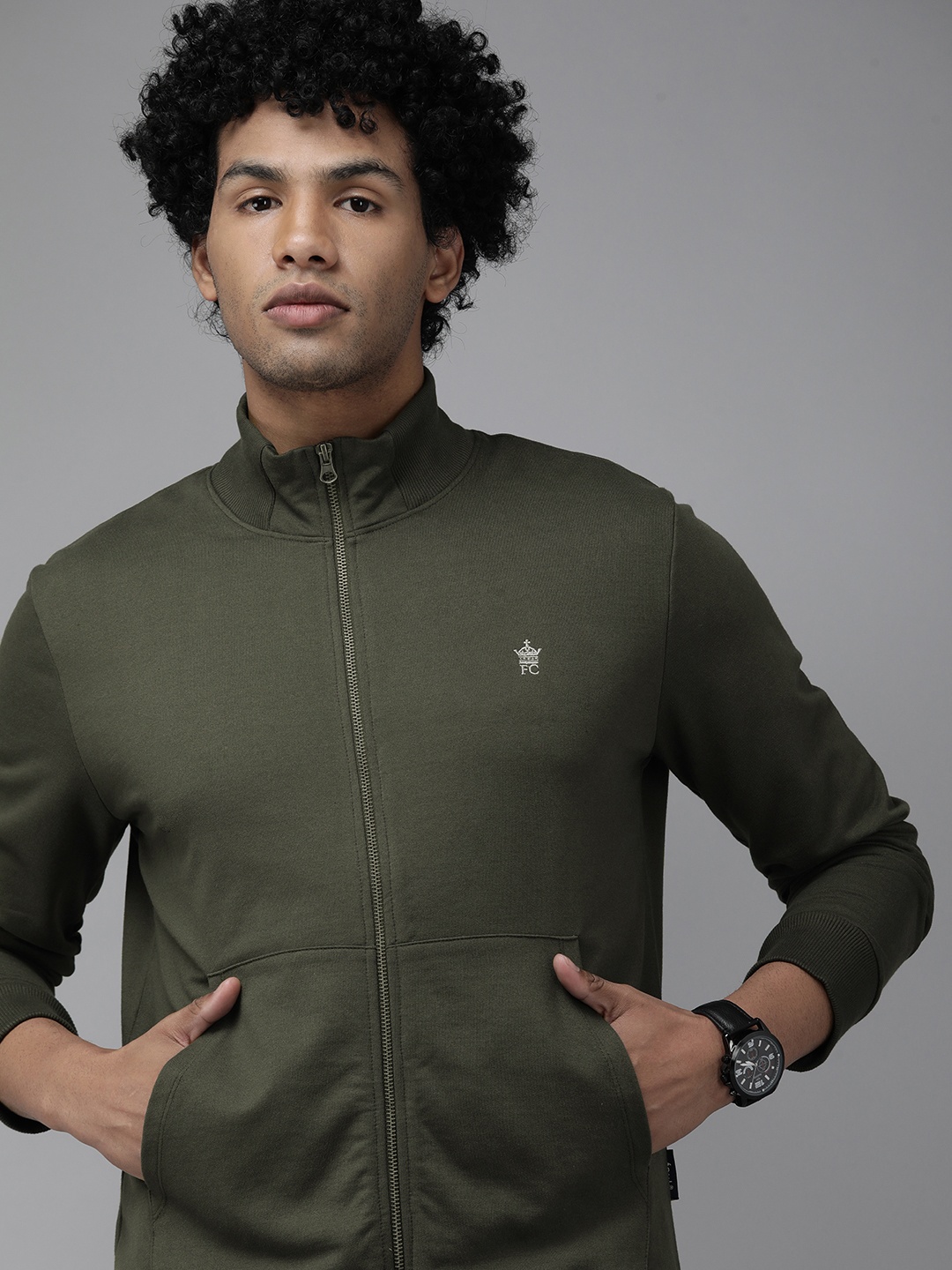 

French Connection Men Olive Green Sweatshirt