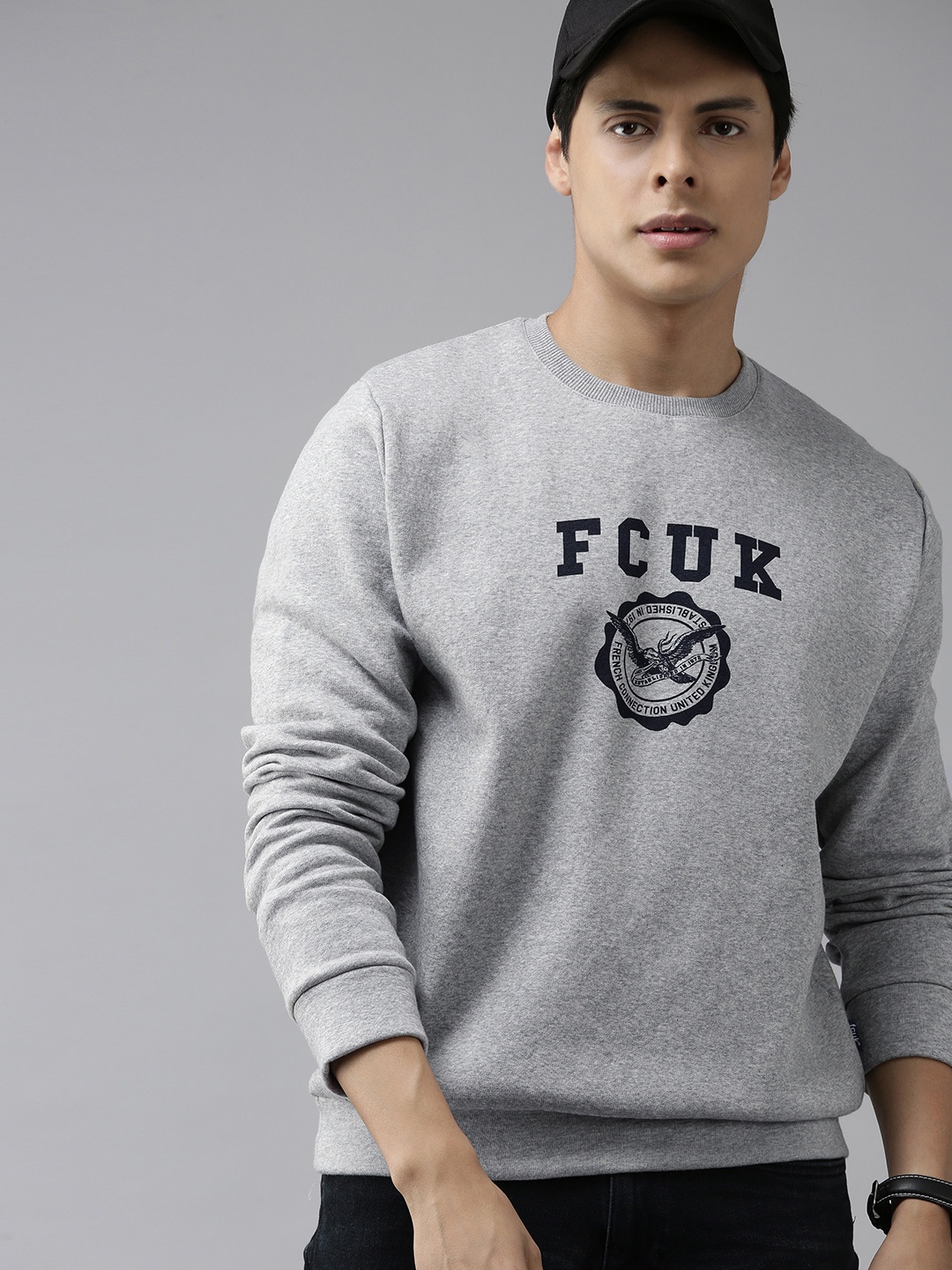 

French Connection Men Grey Melange Printed Sweatshirt