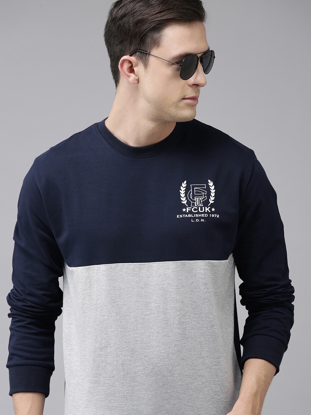 

French Connection Men Blue & Grey Colourblocked Pure Cotton Sweatshirt