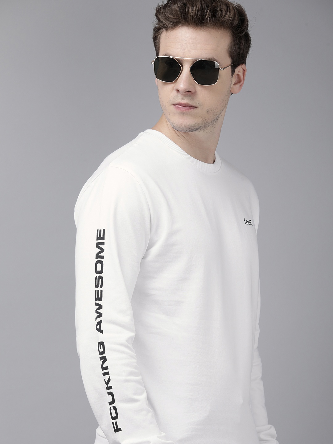 

French Connection Men White Solid Sweatshirt with Printed Sleeve