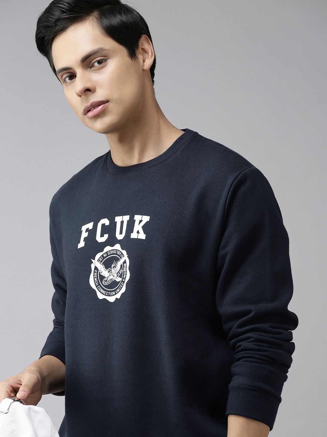 

French Connection Men Navy Blue Logo Printed Sweatshirt