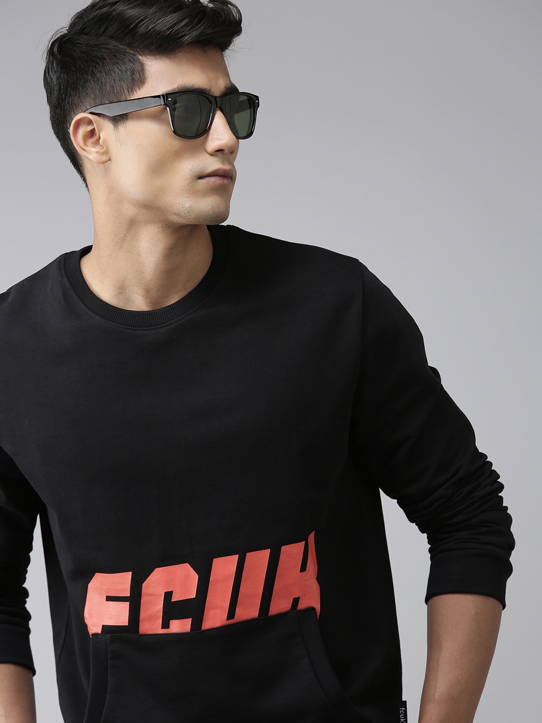 

French Connection Men Black Logo Printed Cotton Pullover Sweatshirt