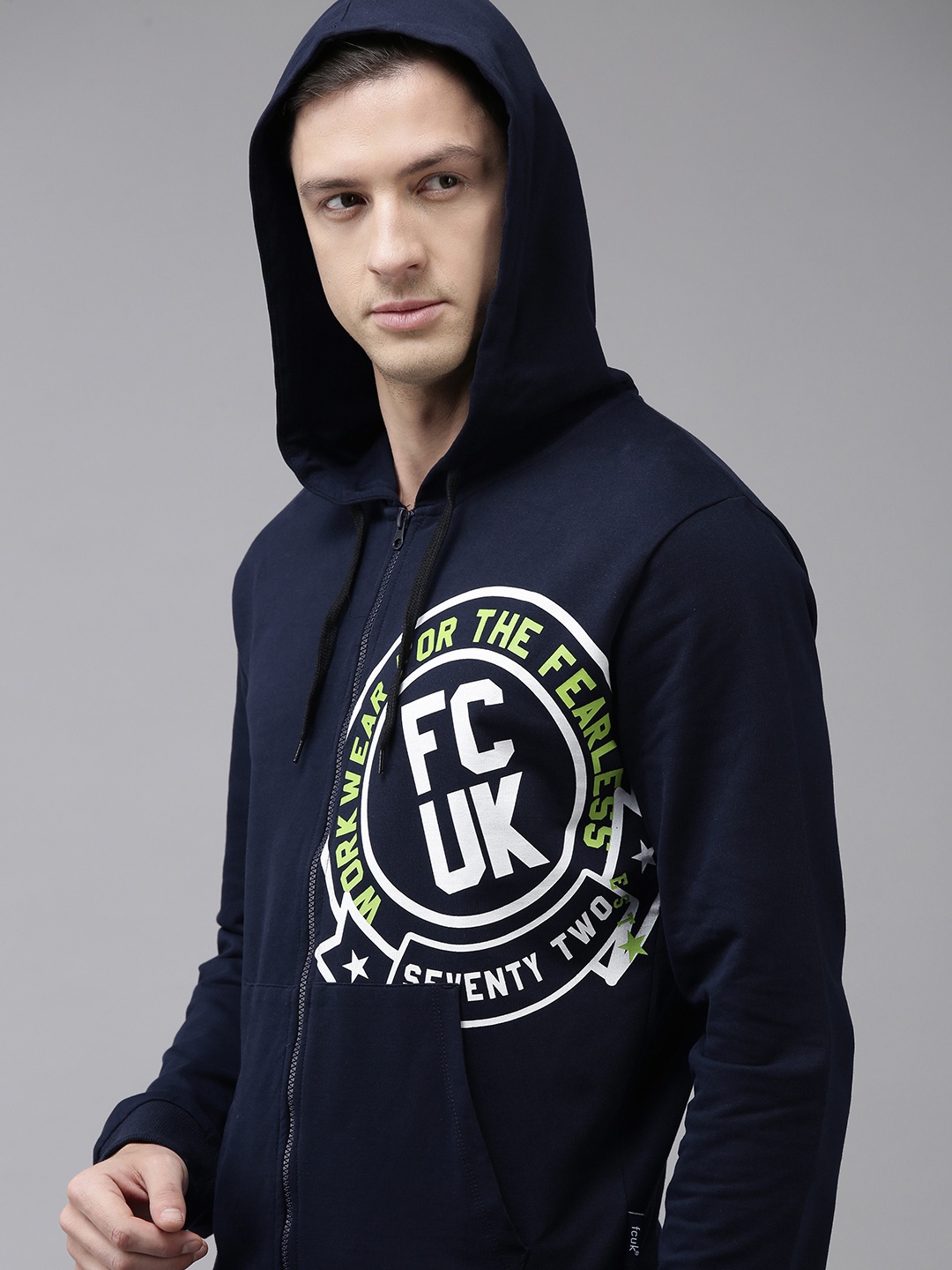 

French Connection Men Blue Printed Pure Cotton Hooded Sweatshirt