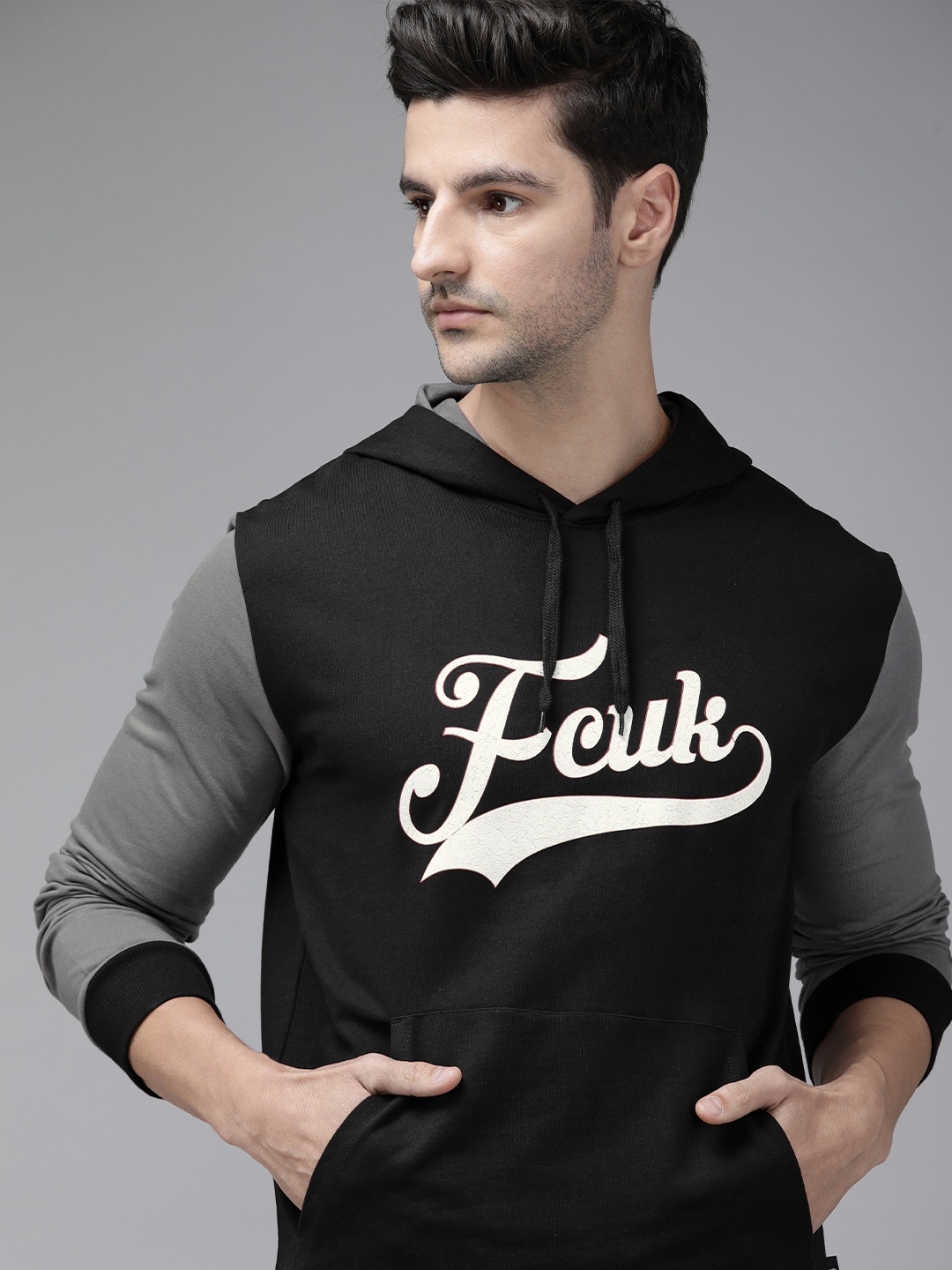 

French Connection Men Black Printed Hooded Sweatshirt