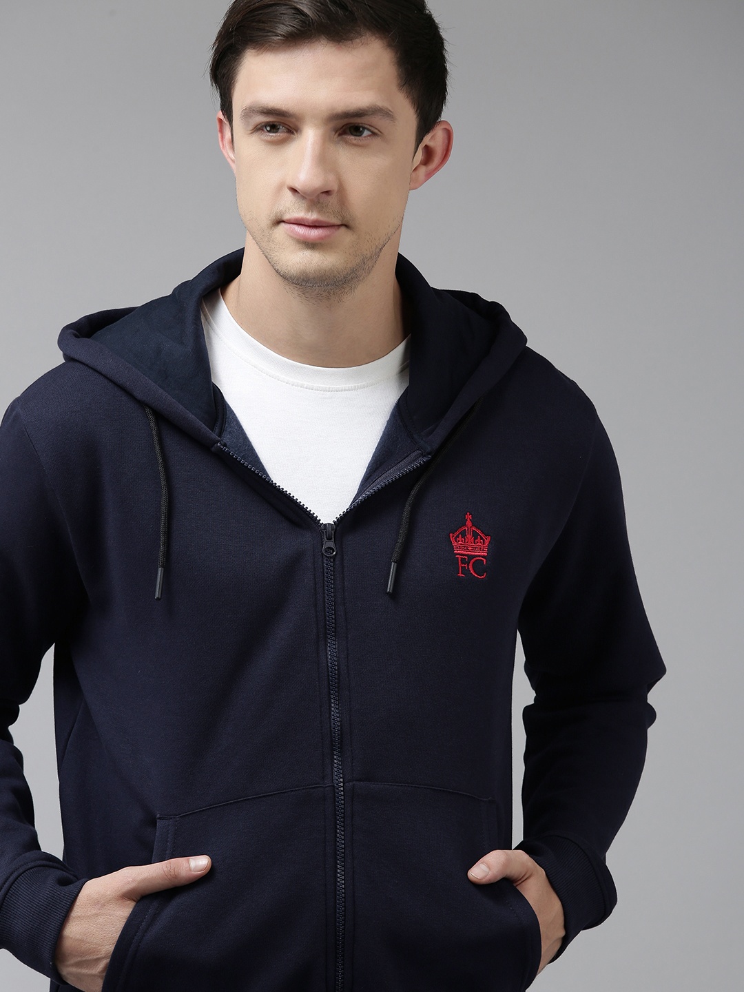 

French Connection Men Navy Blue Solid Hooded Sweatshirt
