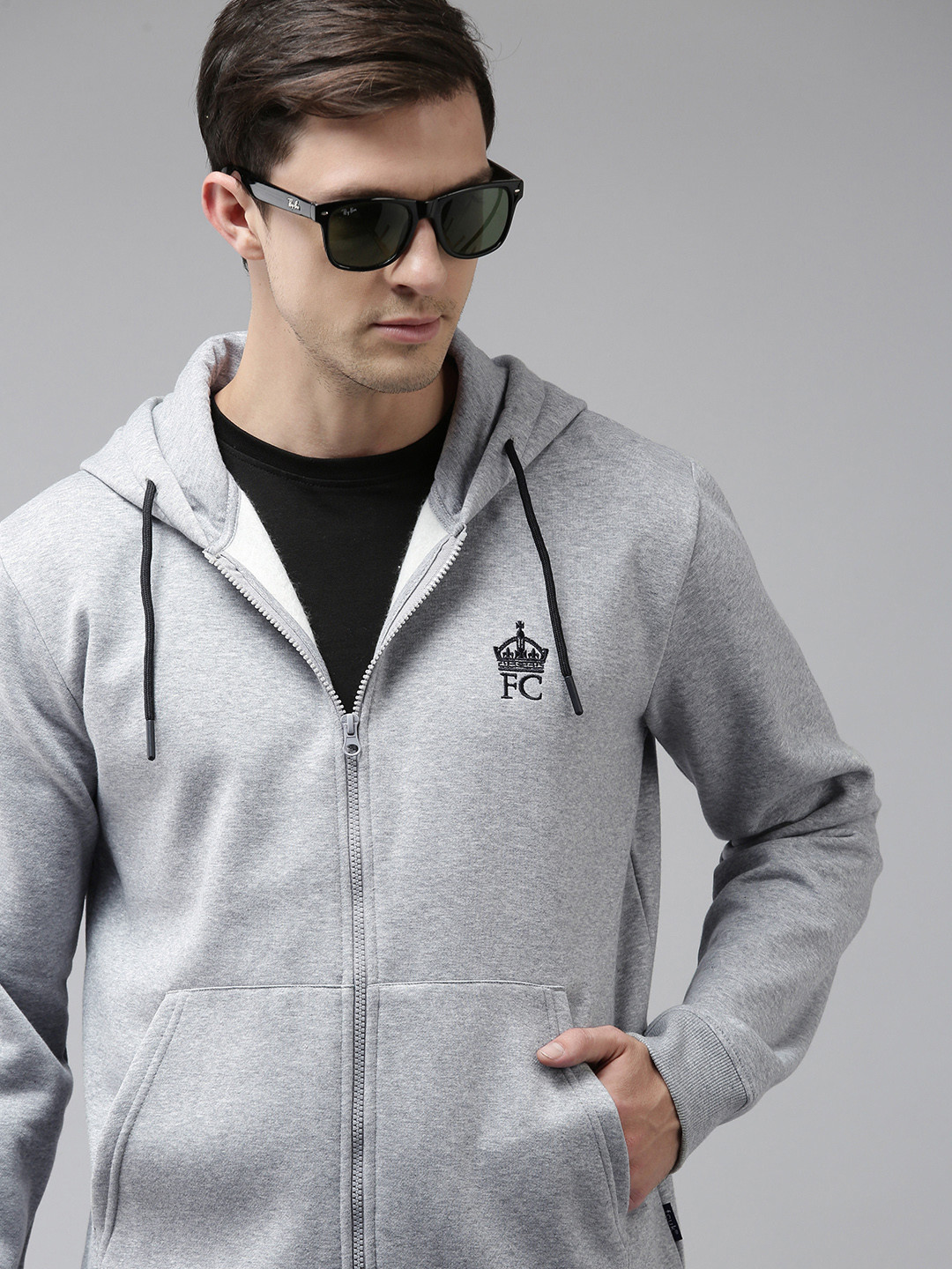 

French Connection Men Grey Melange Solid Hooded Sweatshirt