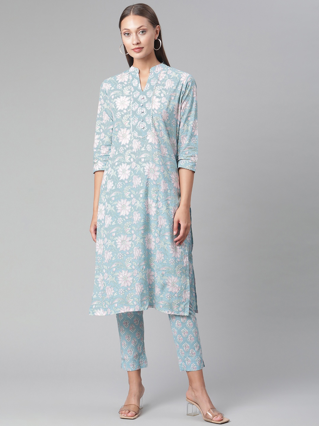 

Divena Women Turquoise Blue Ethnic Motifs Printed Regular Gotta Patti Pure Cotton Kurta with Trousers