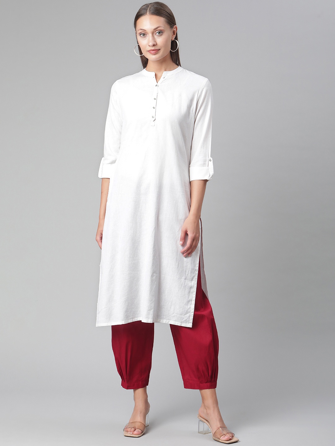 

Divena Women White Roll-Up Sleeves Straight Kurta