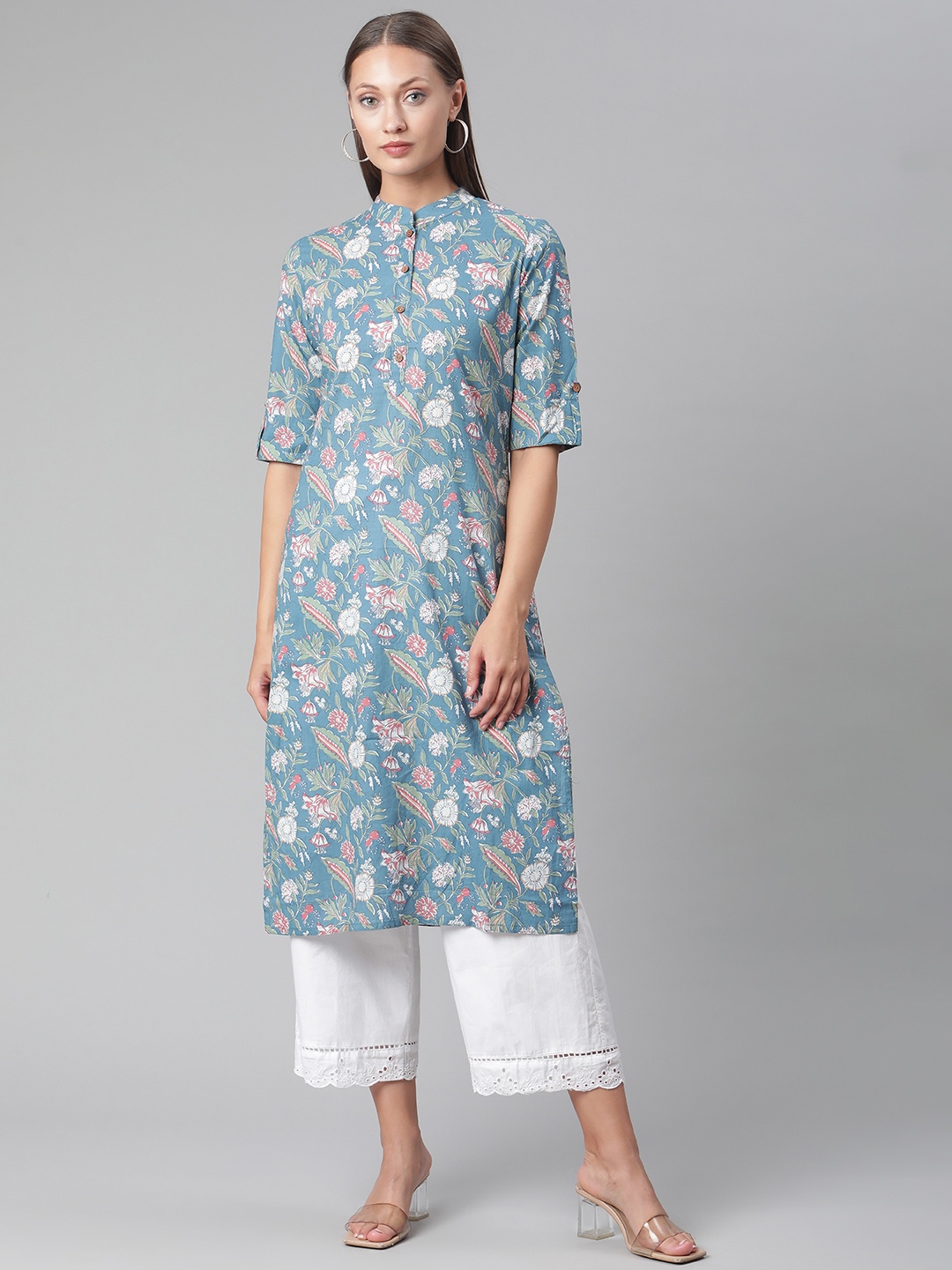 

Divena Women Turquoise Blue & White Floral Printed Floral Kurta