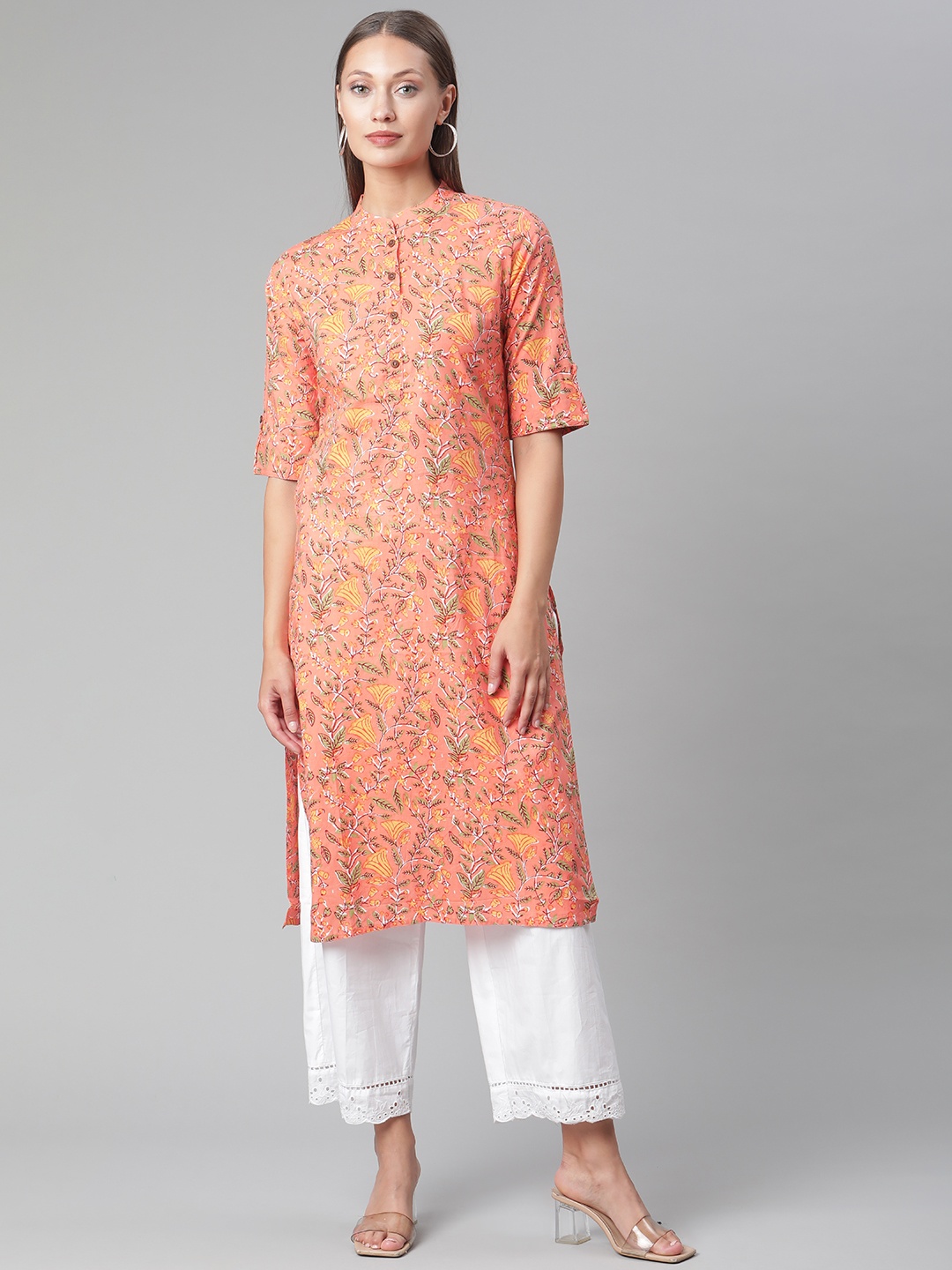 

Divena Women Peach-Coloured & Green Floral Printed Floral Kurta