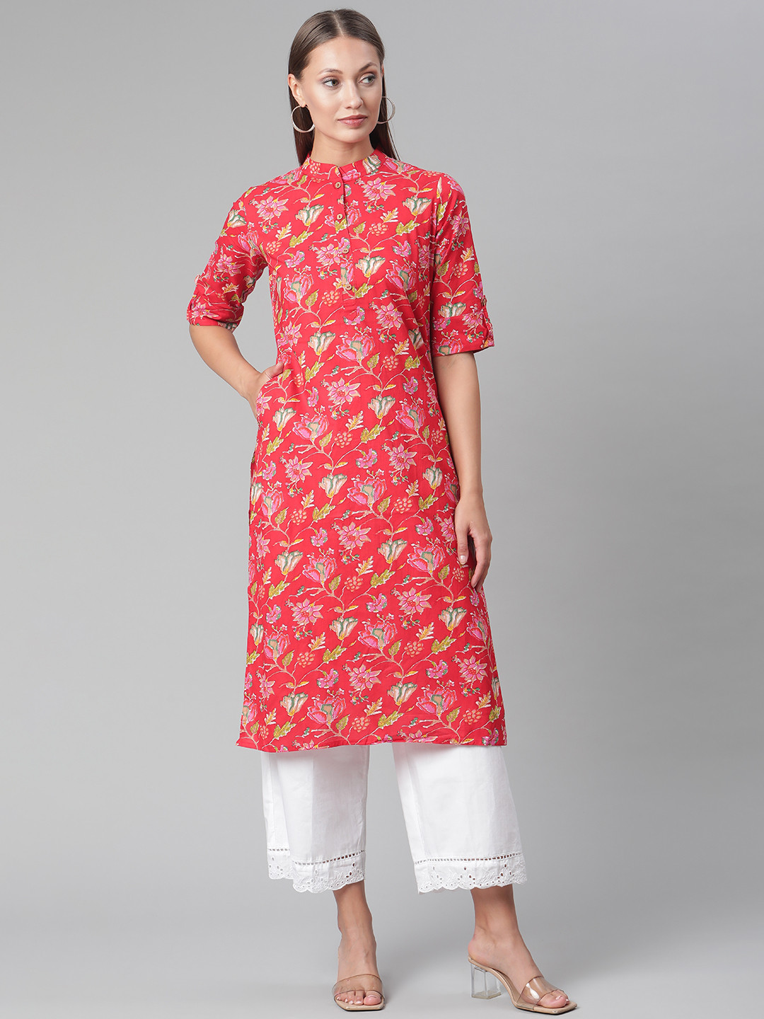 

Divena Women Red & Pink Floral Printed Floral Mandarin Collar Kurta