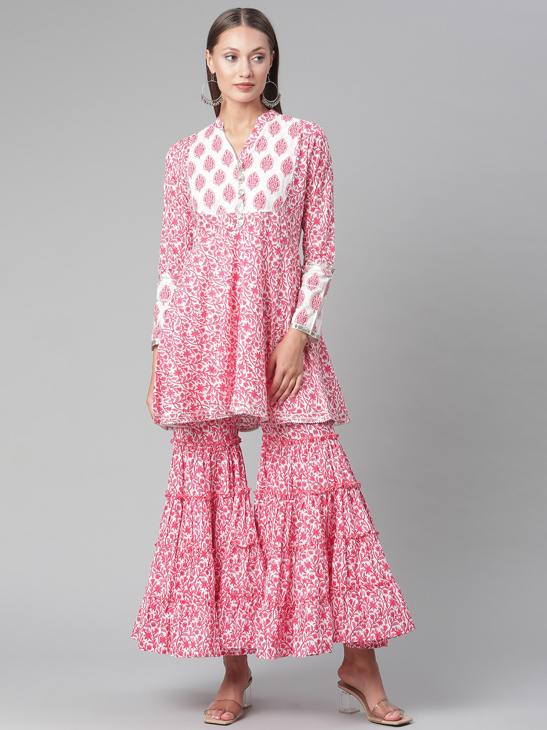 

Divena Women White Ethnic Motifs Printed Regular Gotta Patti Pure Cotton Kurta with Sharara