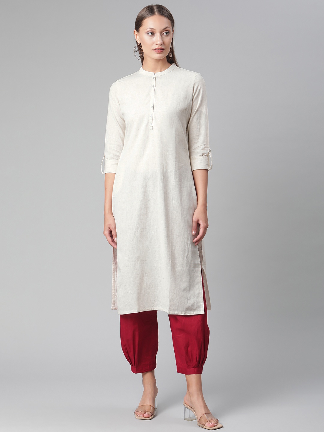 

Divena Women Beige Roll-Up Sleeves Straight Kurta