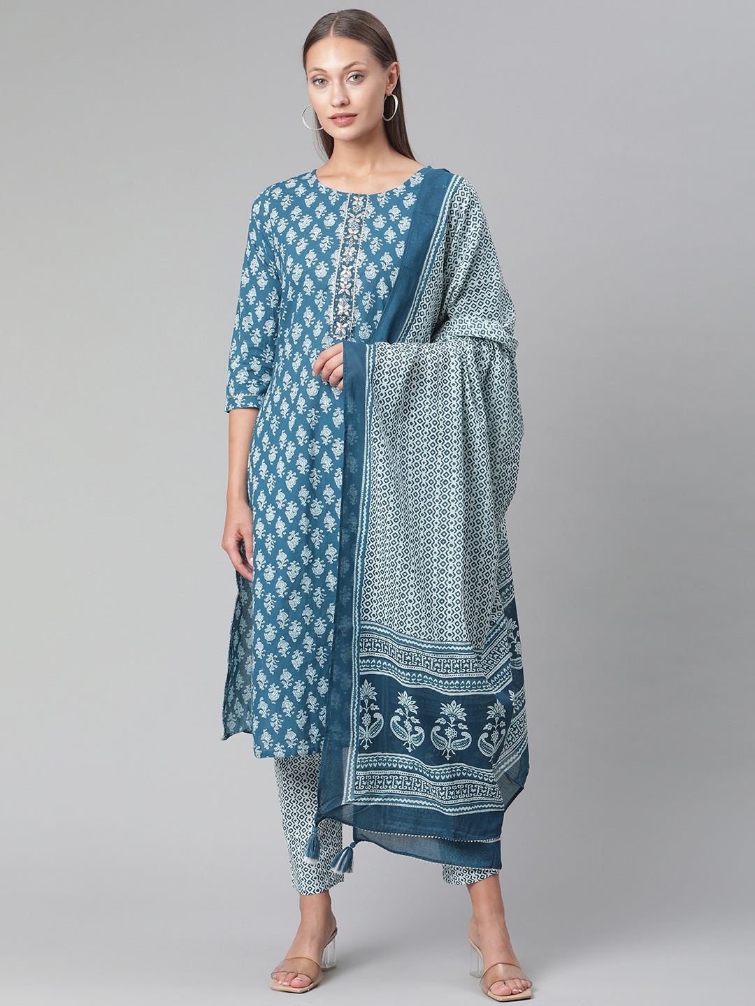 

Divena Women Blue & White Ethnic Motifs Printed Pure Cotton Kurta with Trousers & Dupatta