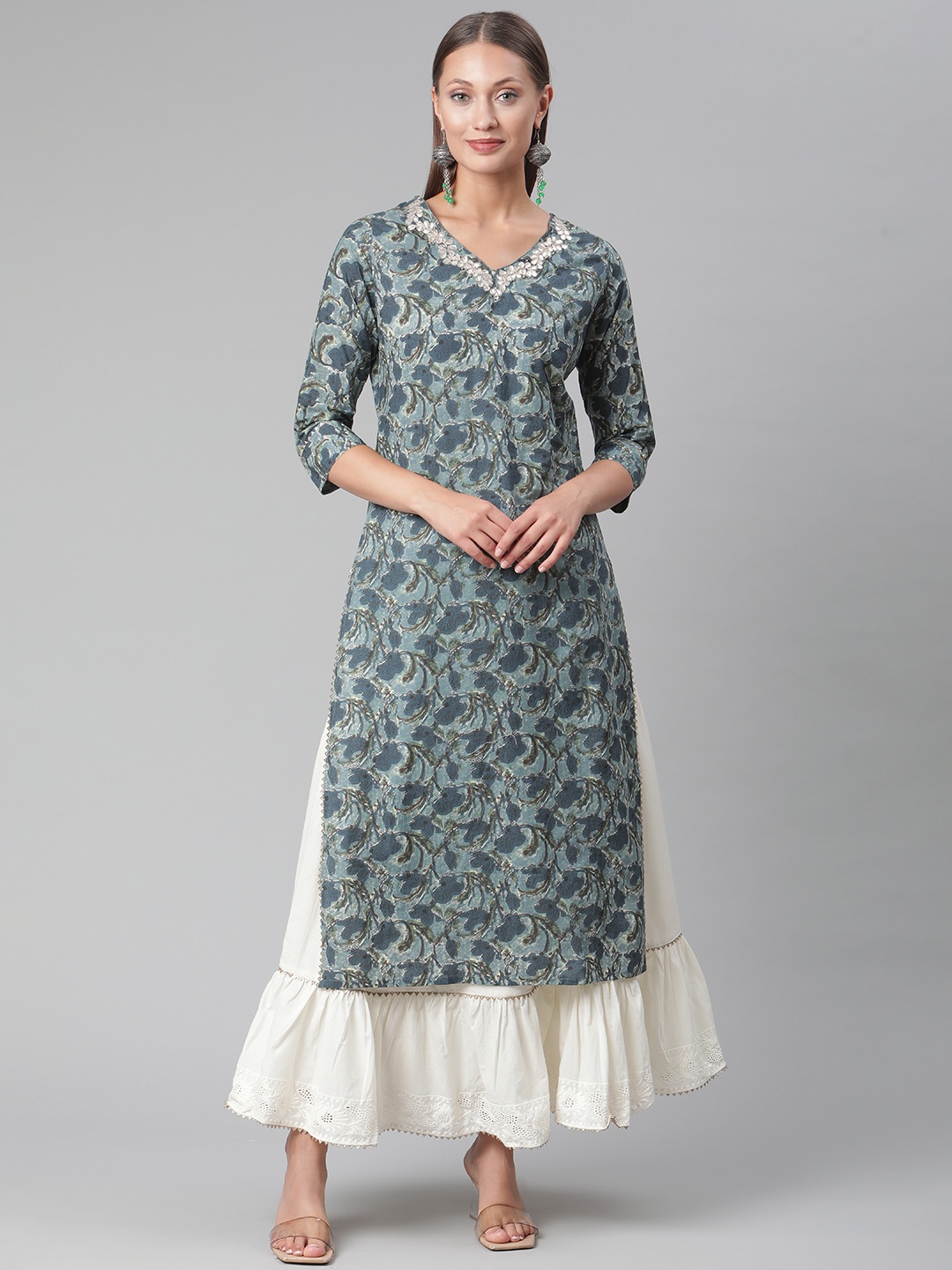 

Divena Women Blue & Off-White Floral Printed Gotta Patti Pure Cotton Kurta with Skirt