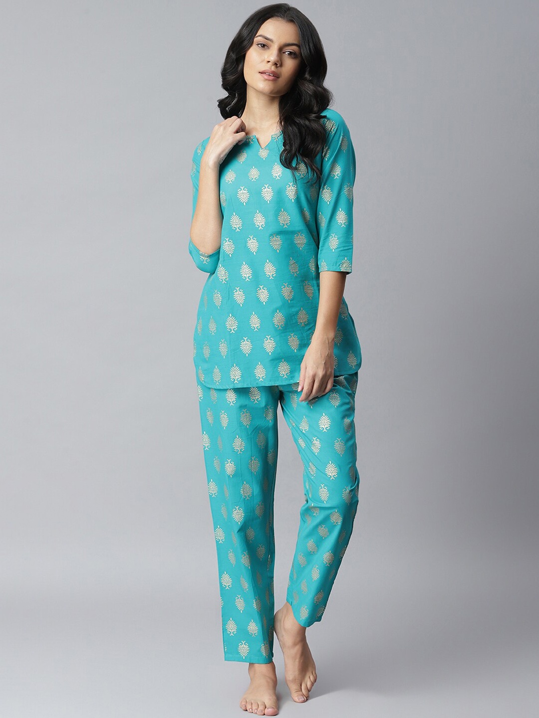 

Stylum Women Sea Green Gold Print Cotton Night Suit Set