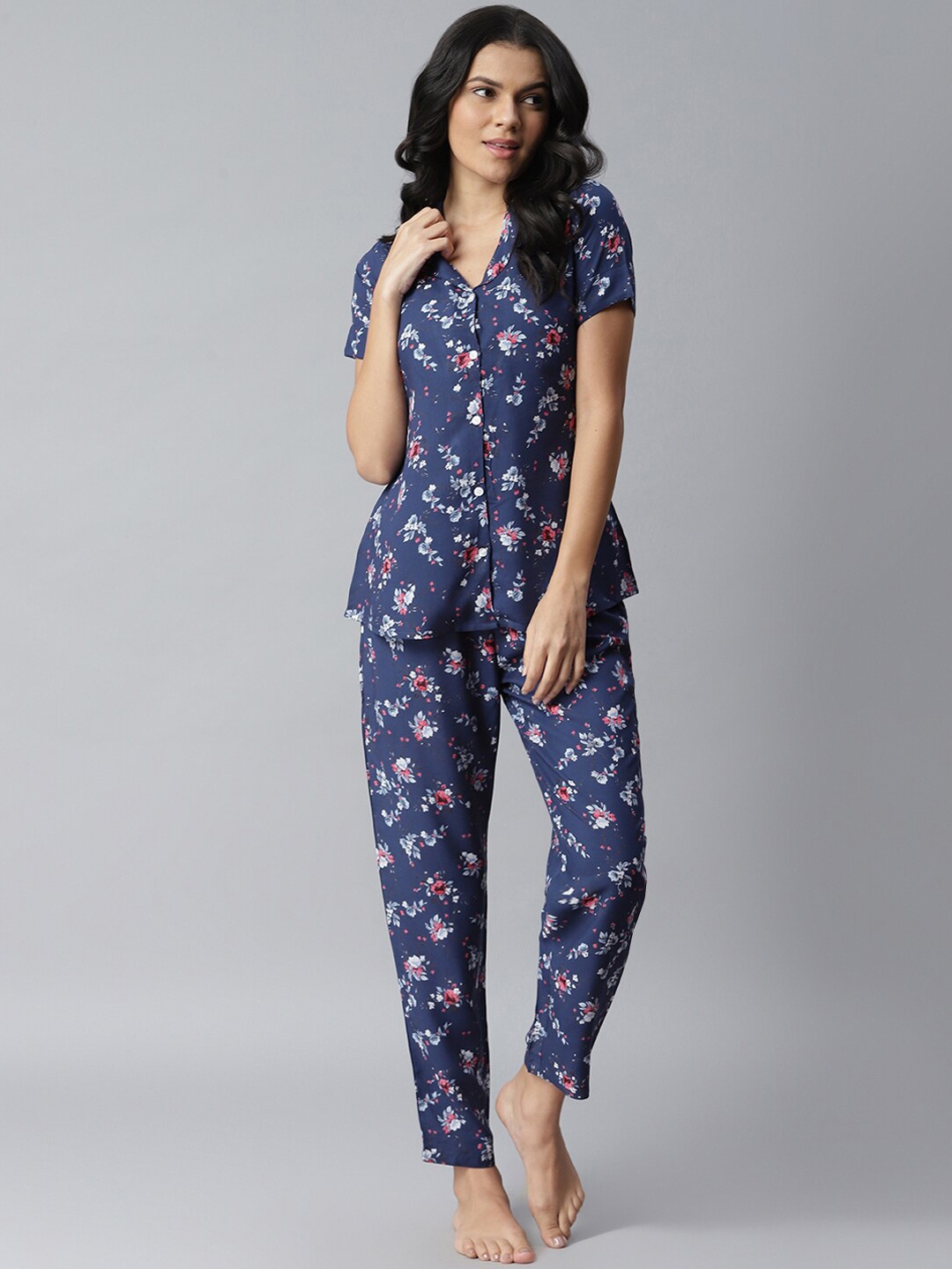 

Stylum Women Navy Blue & Pink Printed Night suit