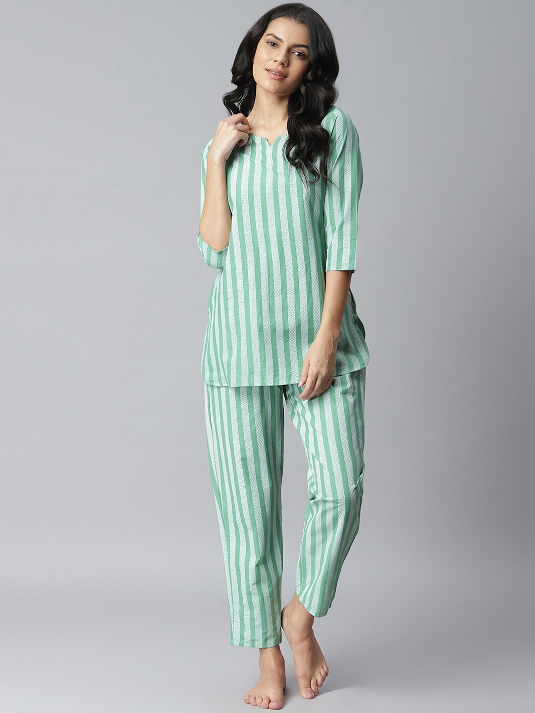 

Stylum Women Green Striped Cotton Night Suit Set