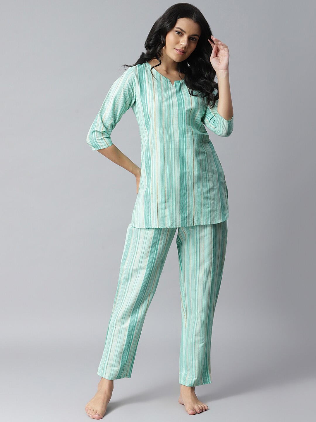 

Stylum Women Green & Gold-Toned Striped Night suit