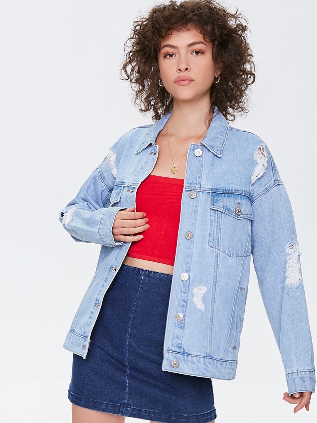 

FOREVER 21 Women Blue Washed Distressed Denim Jacket