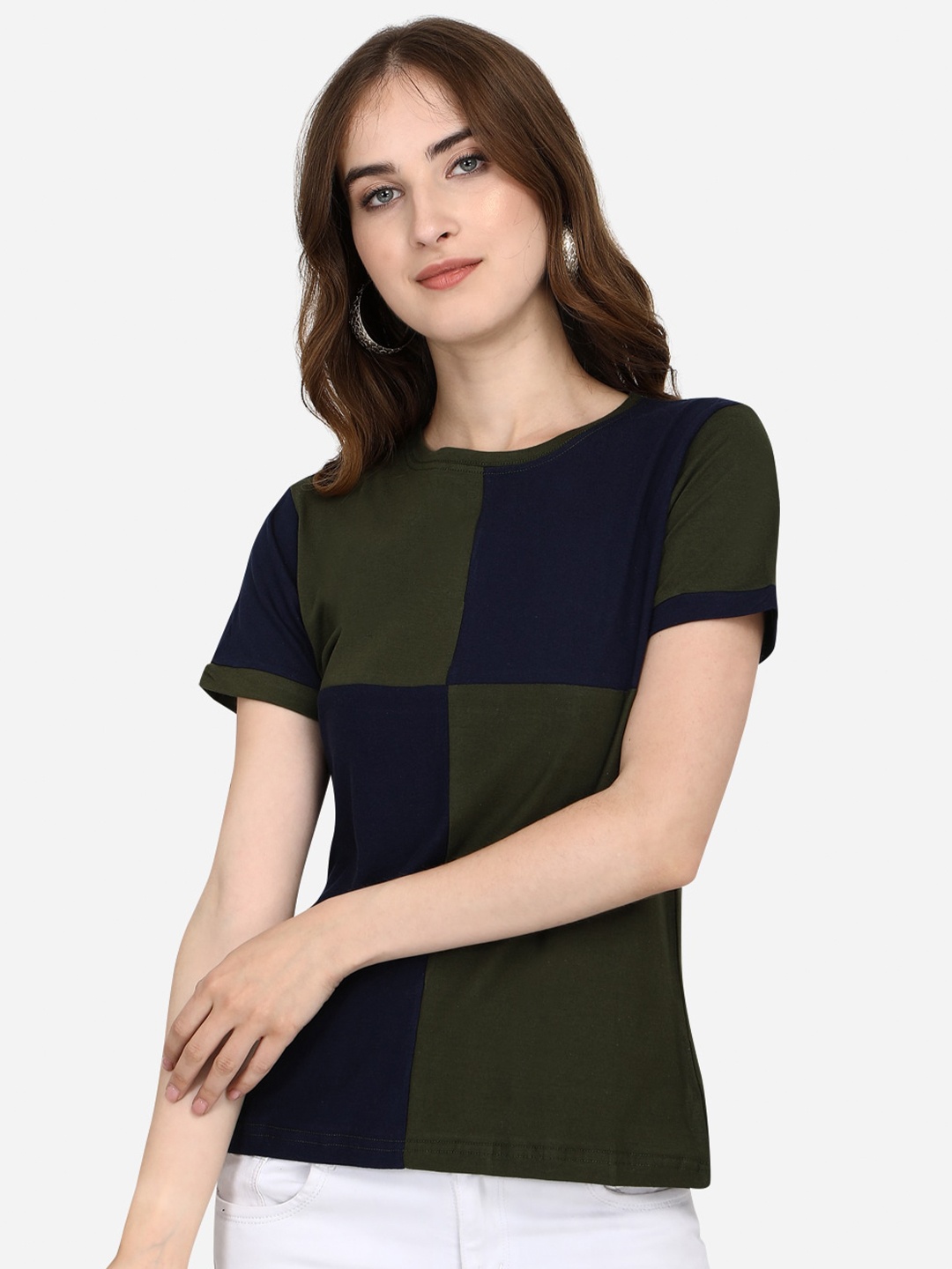 

OM SAI LATEST CREATION Women Green & Blue Colourblocked Regular Top