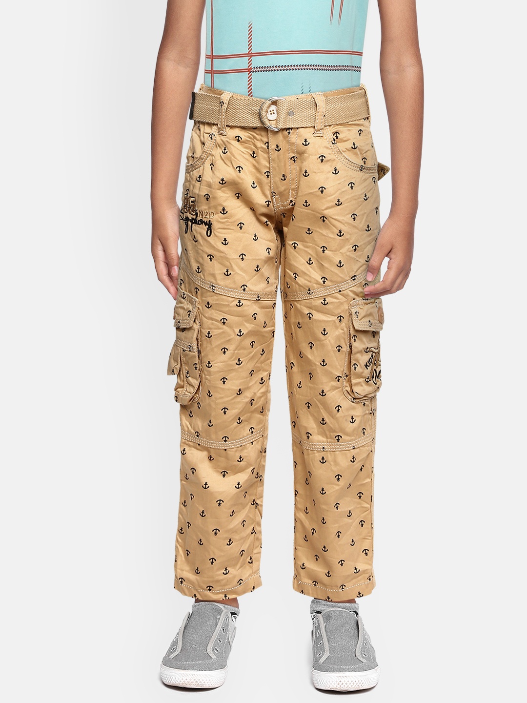 

ADBUCKS Boys Brown Pure Cotton Printed Relaxed Non Iron Cargos Trousers