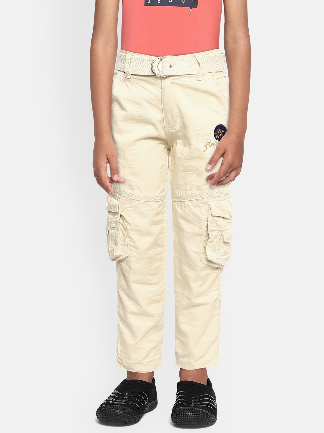 

ADBUCKS Boys Off-White Relaxed Non Iron Pure Cotton Cargo Trousers