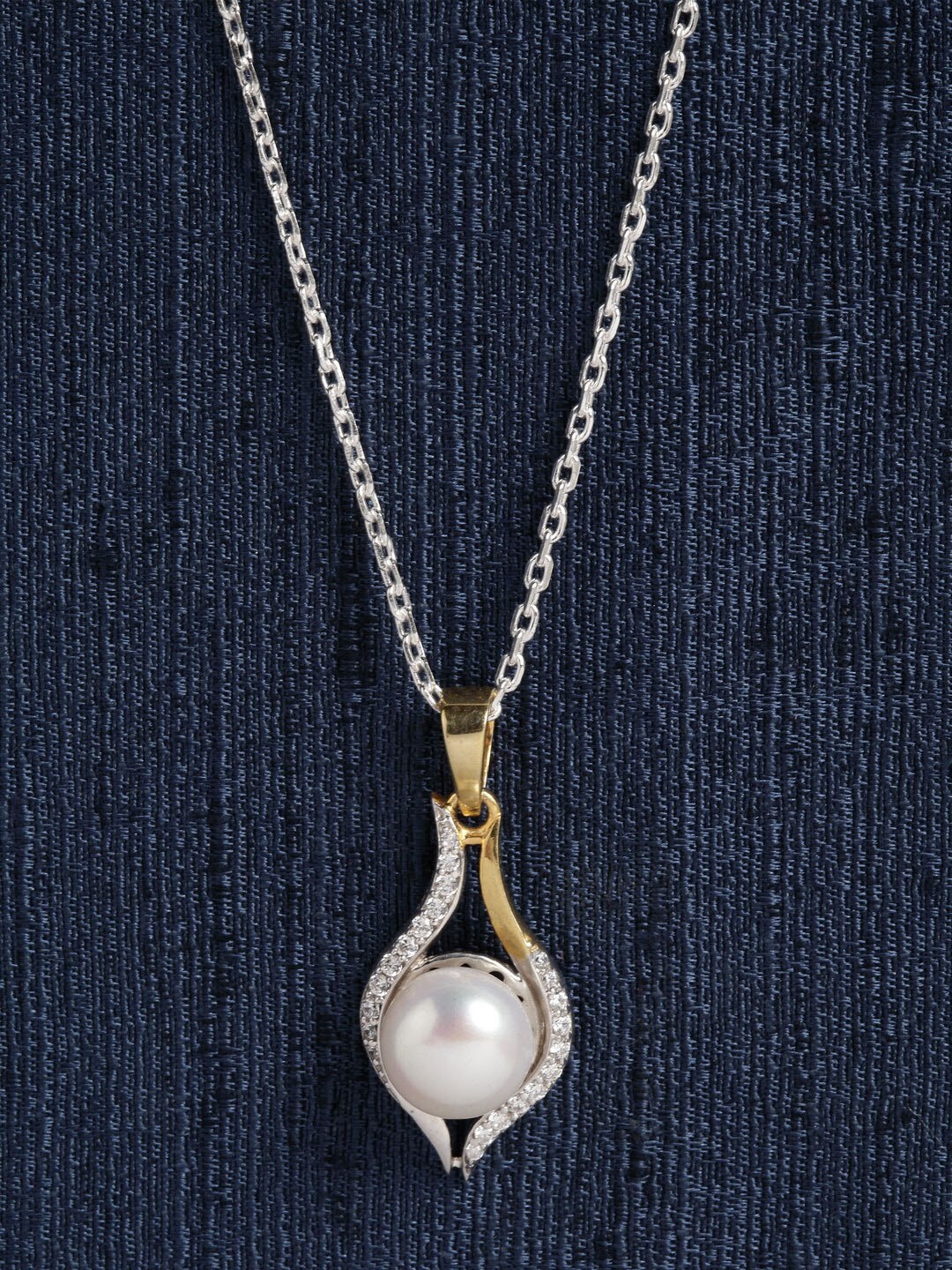 

Clara Silver-Toned & Gold-Toned White Pearl Studded & CZ-Studded Pendant with Chain