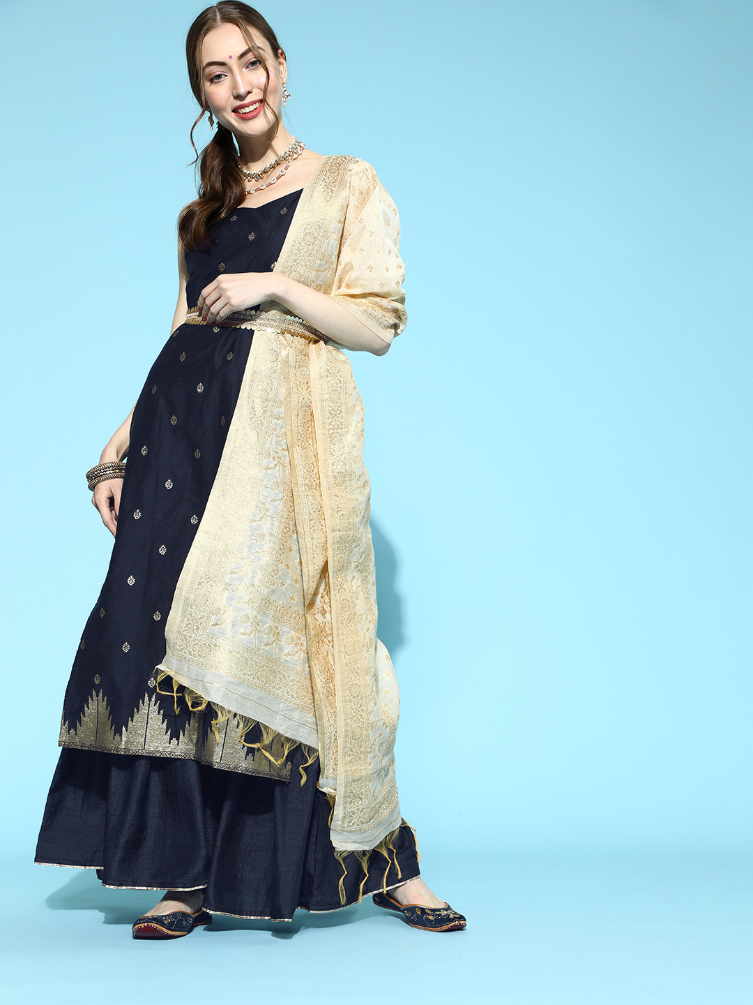 

Indo Era Women Navy Blue Ethnic Motifs Brocade Kurta Set With Dupatta and Belt Set