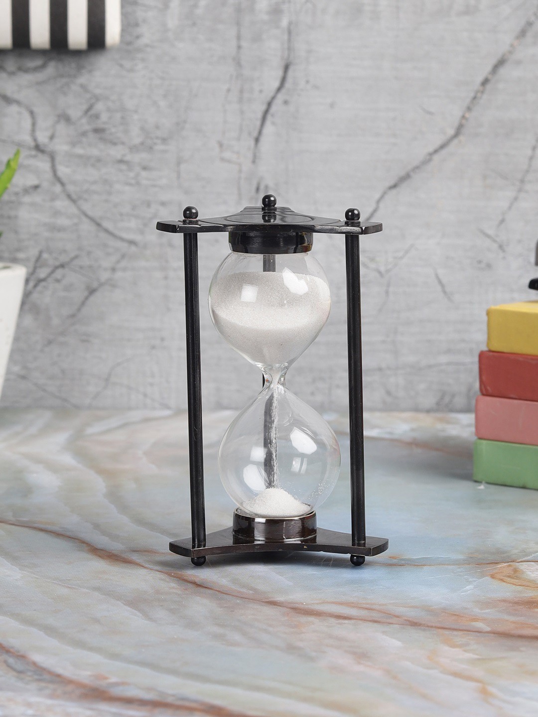 

EXIM DECOR Transparent & Black Antique Brass Triangular Cast Sand Timer Showpiece
