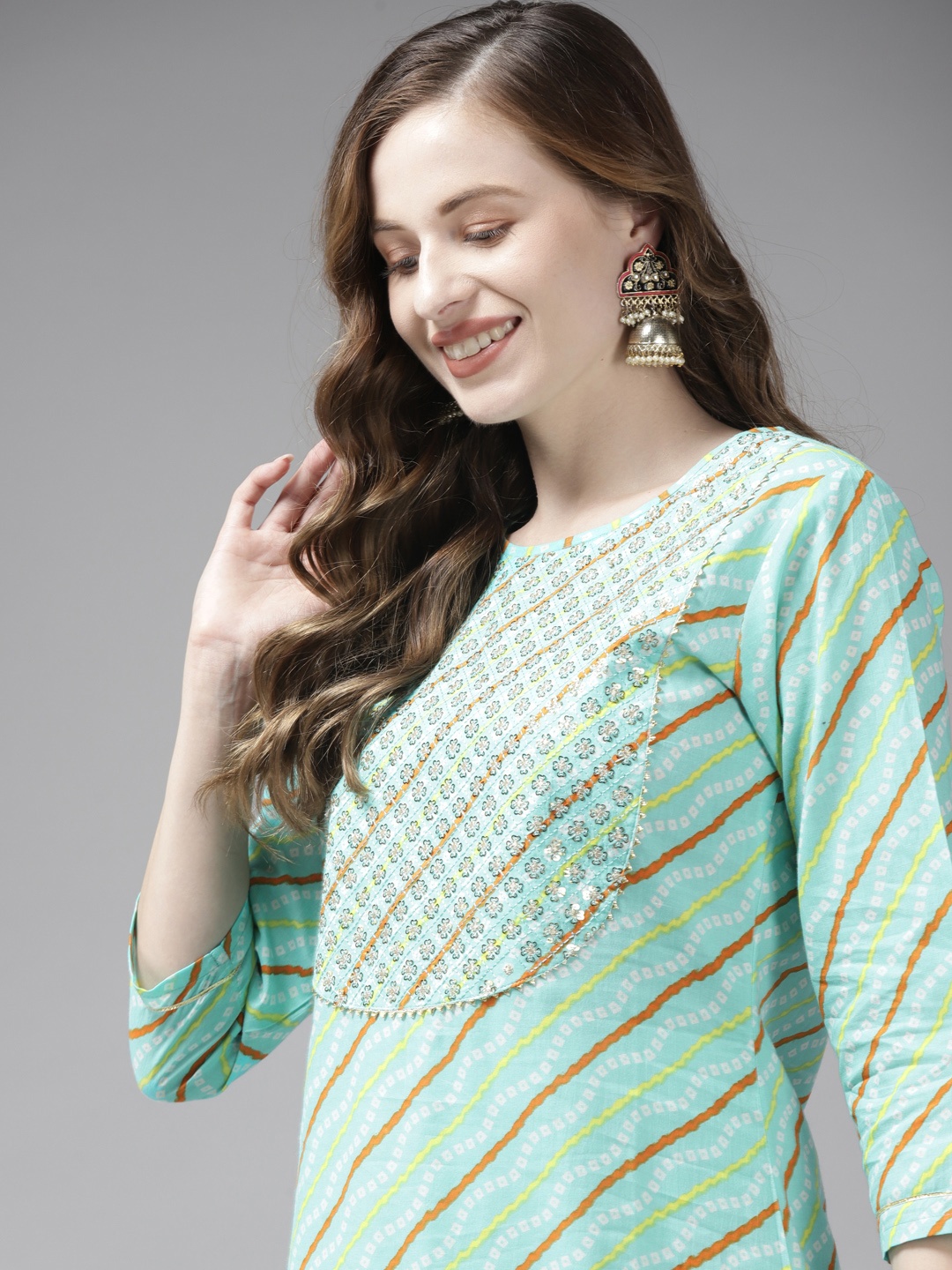 

Yufta Women Sea Green Bandhani Striped Regular Sequinned Pure Cotton Kurta with Palazzos