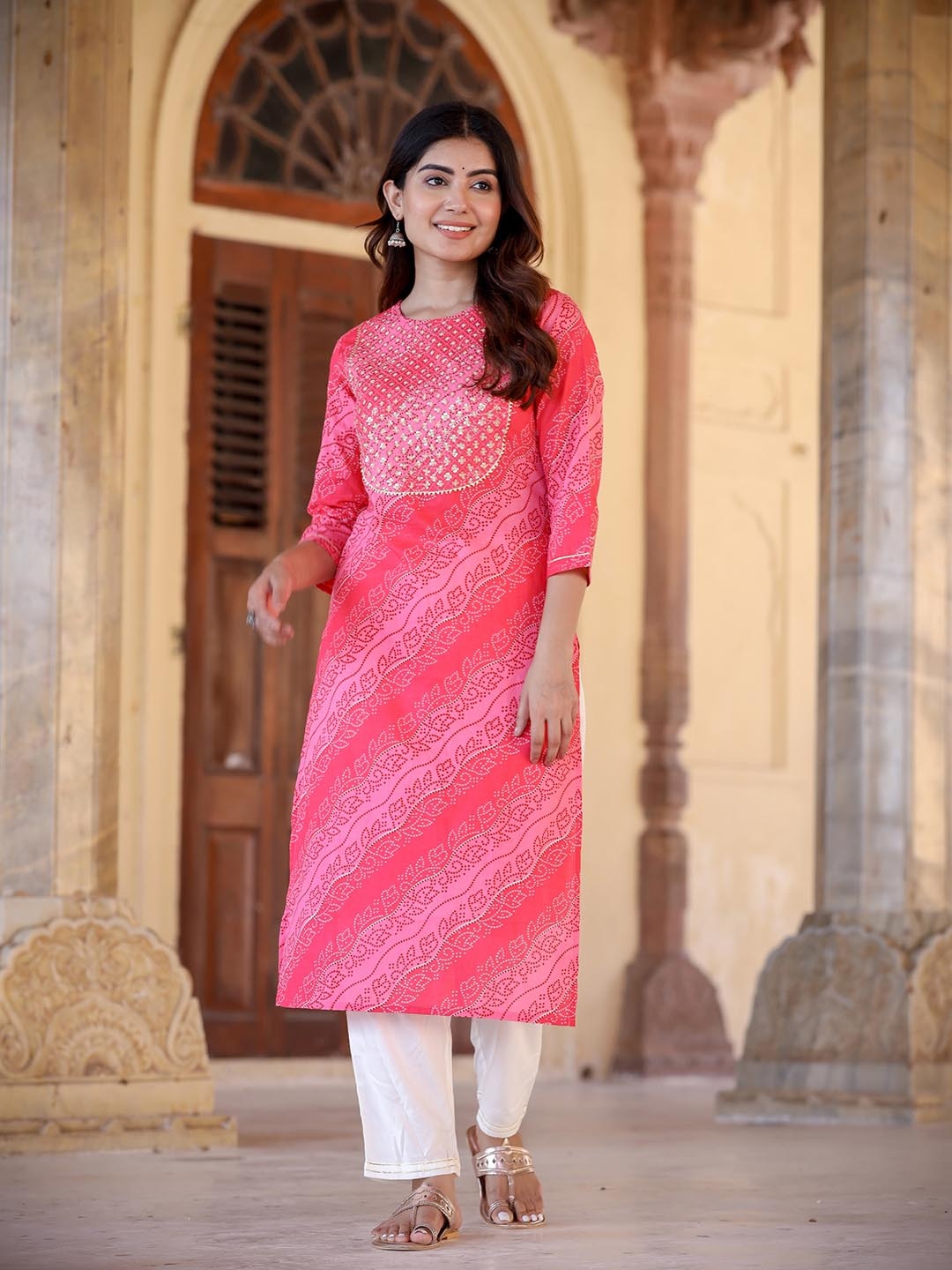 

Yufta Women Pink Bandhani Yoke Design Regular Sequinned Pure Cotton Kurta with Palazzos