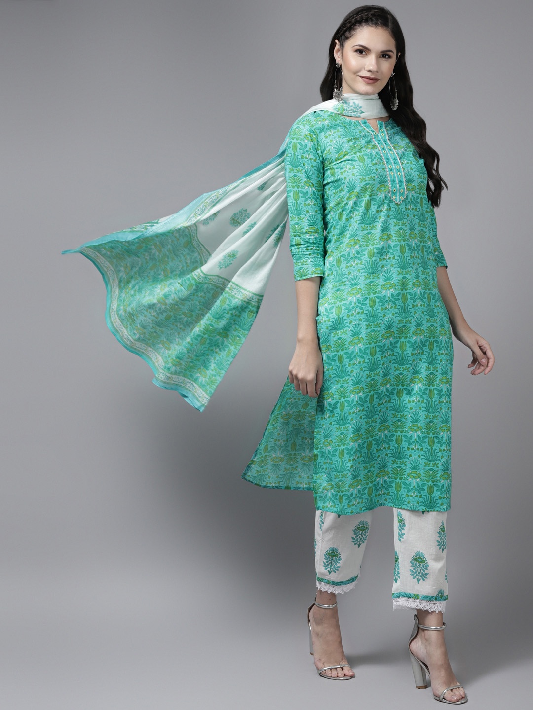 

Yufta Women Green & White Ethnic Motifs Printed Mirror Work Kurta with Palazzos & Dupatta