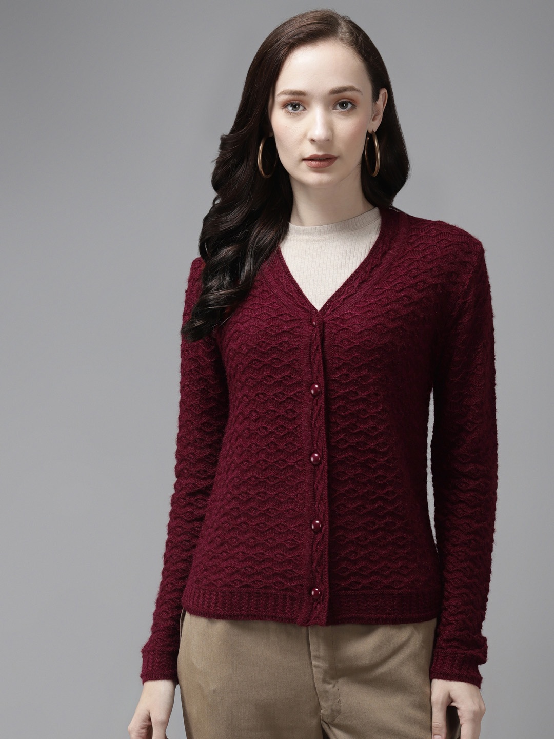 

Cayman Women Maroon Self Design Cardigan