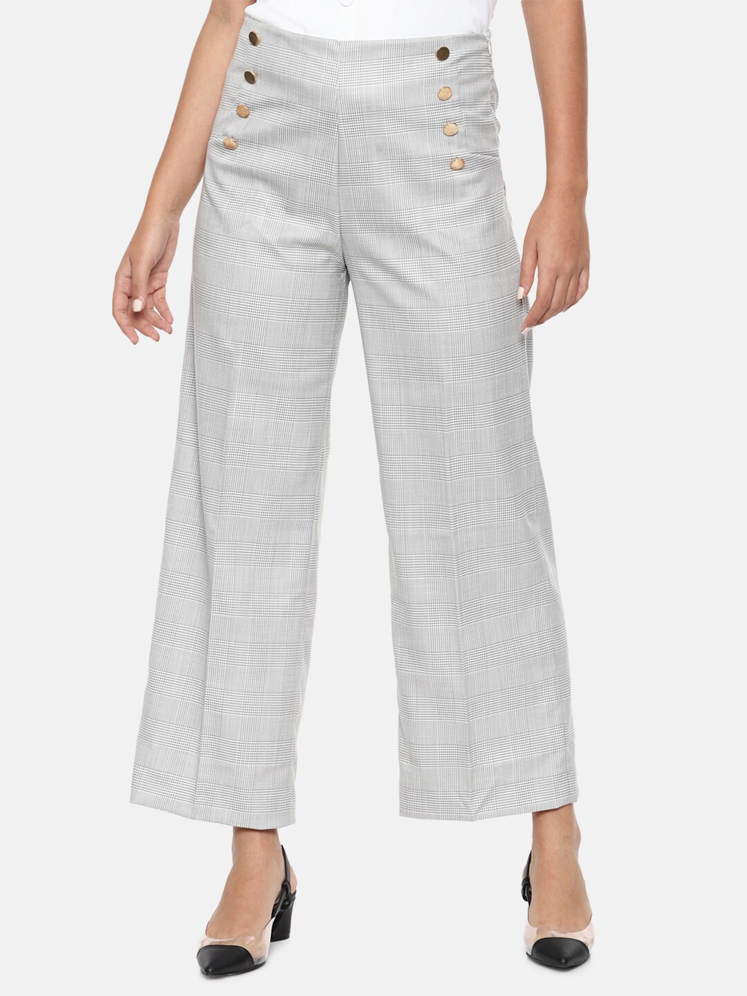 

Van Heusen Woman Grey Checked Mid-Rise Knitted Parallel Trousers