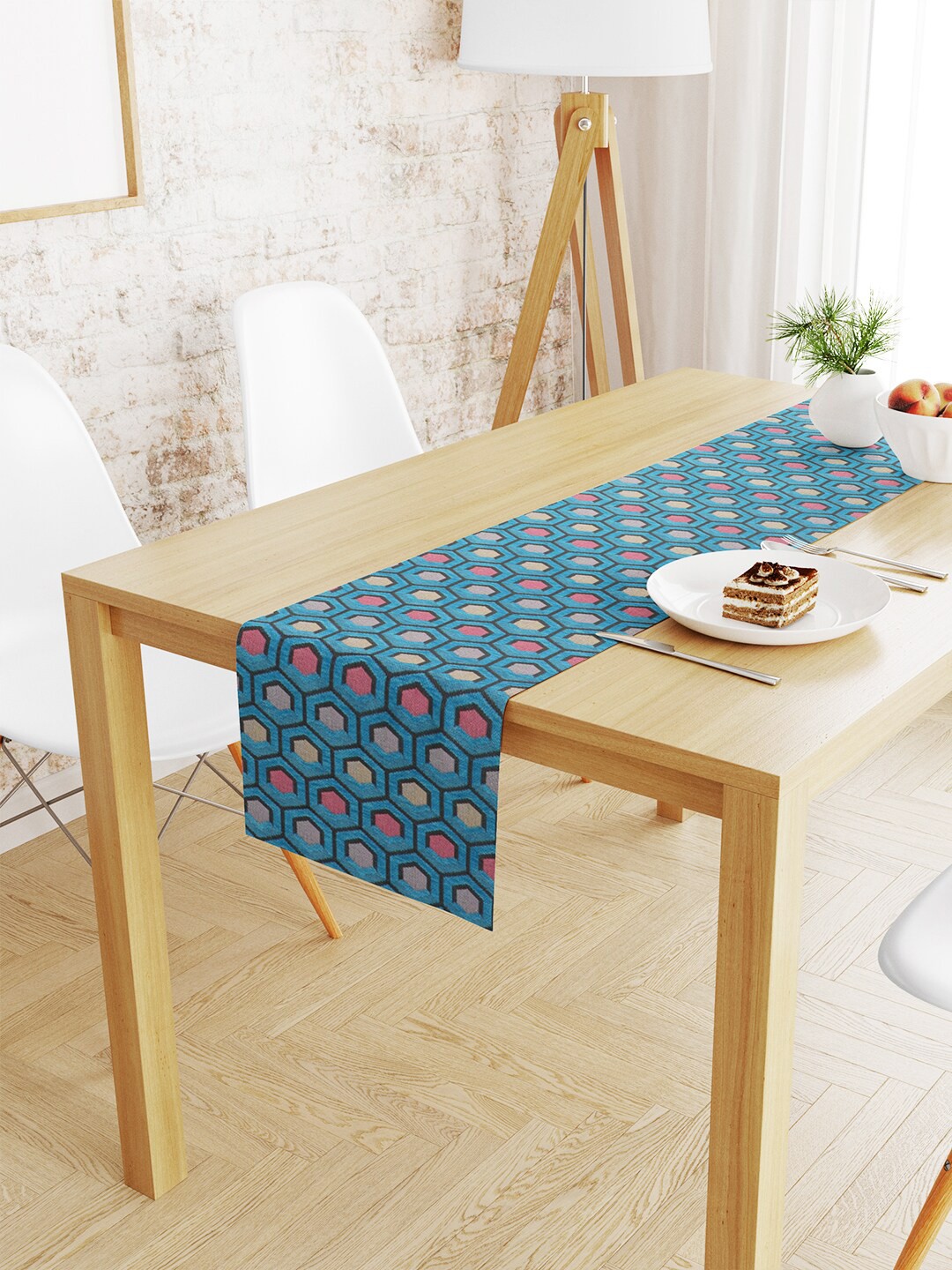 

S9home by Seasons Turquoise Blue & Black Geometric 6 Seater Chenille Jacquard Table Runner
