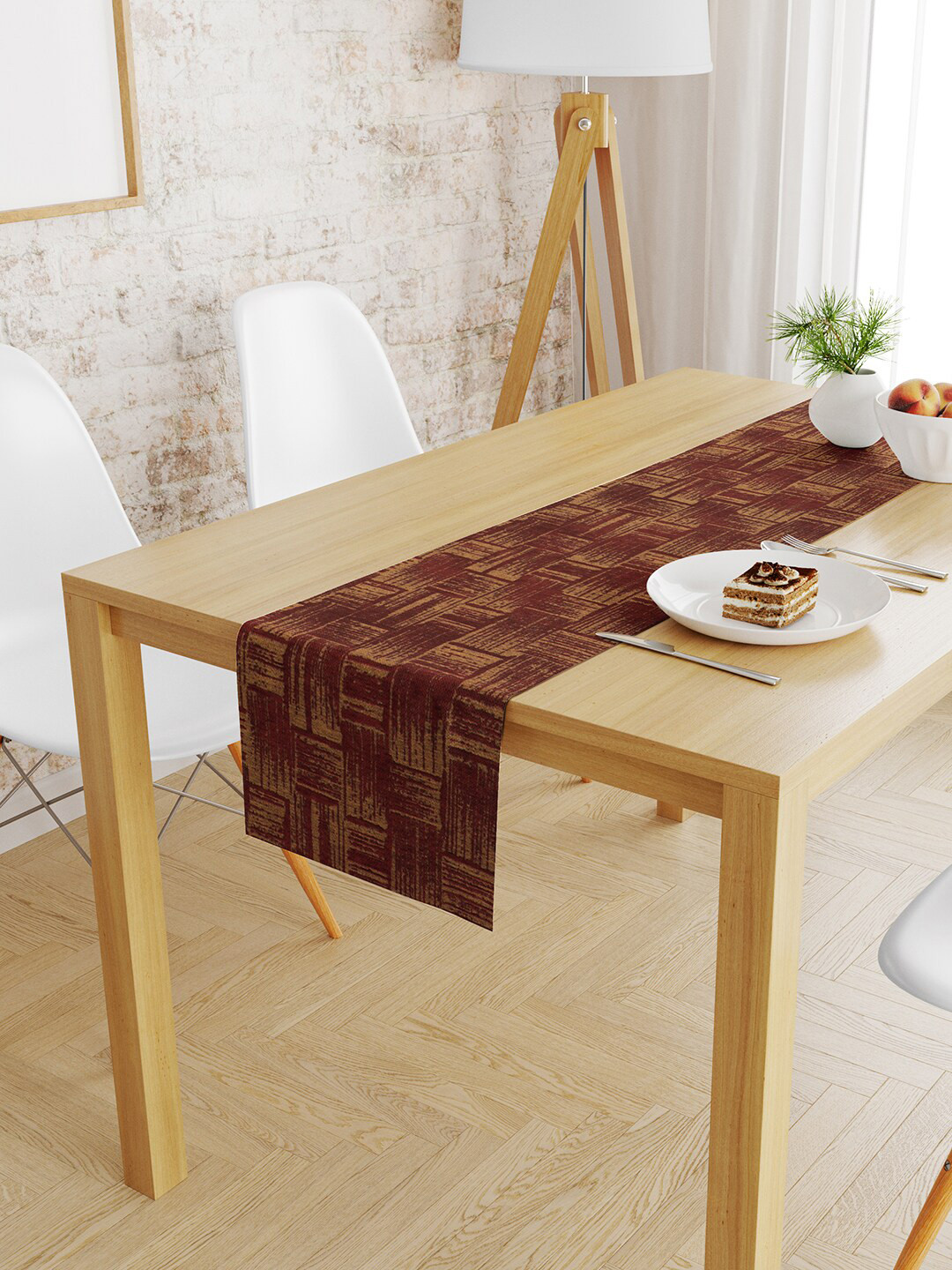 

S9home by Seasons Maroon & Beige Geometric Pattern Chenille Jacquard 6 Seater Table Runner