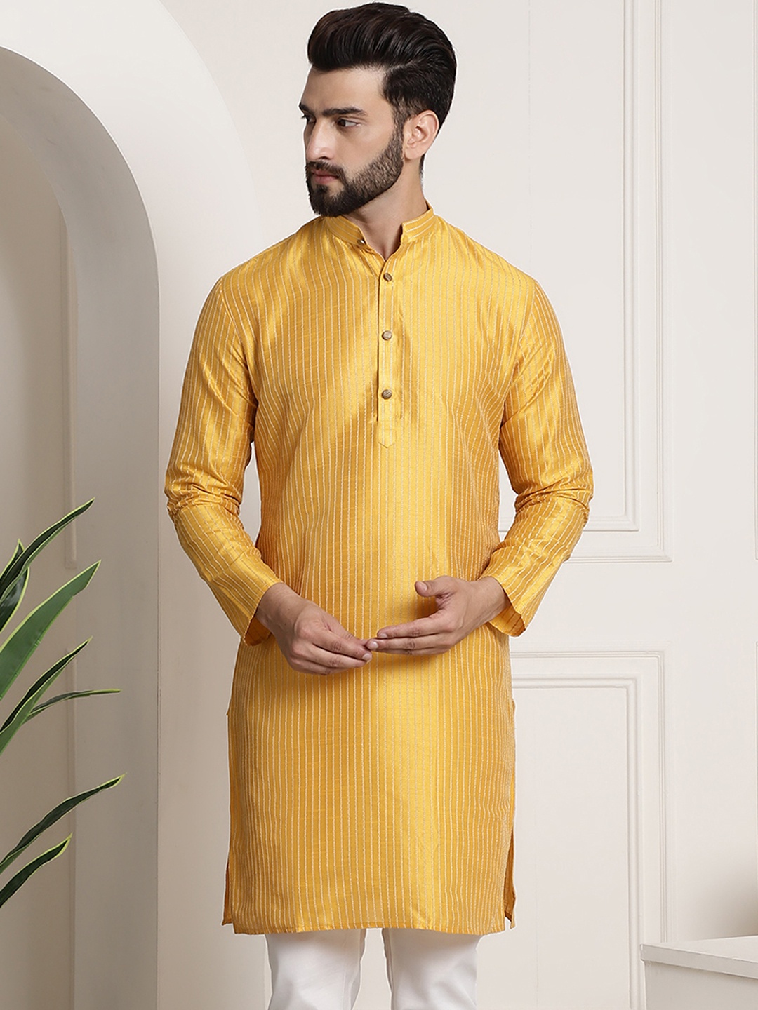 

Sojanya Men Mustard Yellow & Golden Embellished Kurta