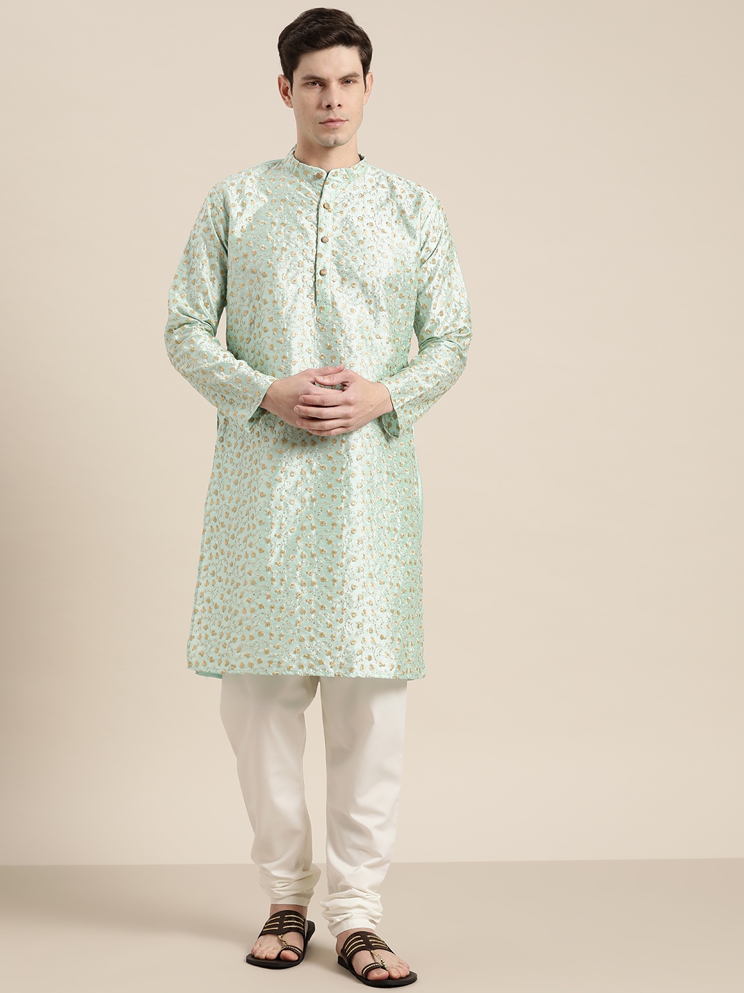 

SOJANYA Men Sea Green Floral Regular Kurta with Churidar