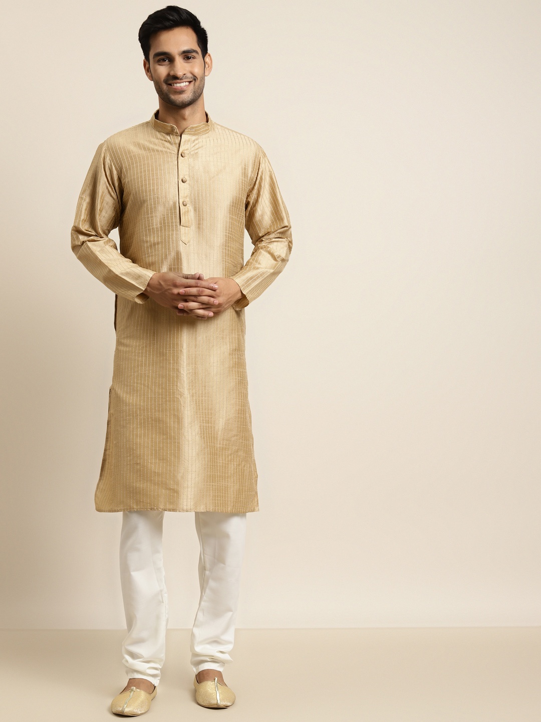 

SOJANYA Men Golden and White Solid Regular Kurta with Churidar, Gold