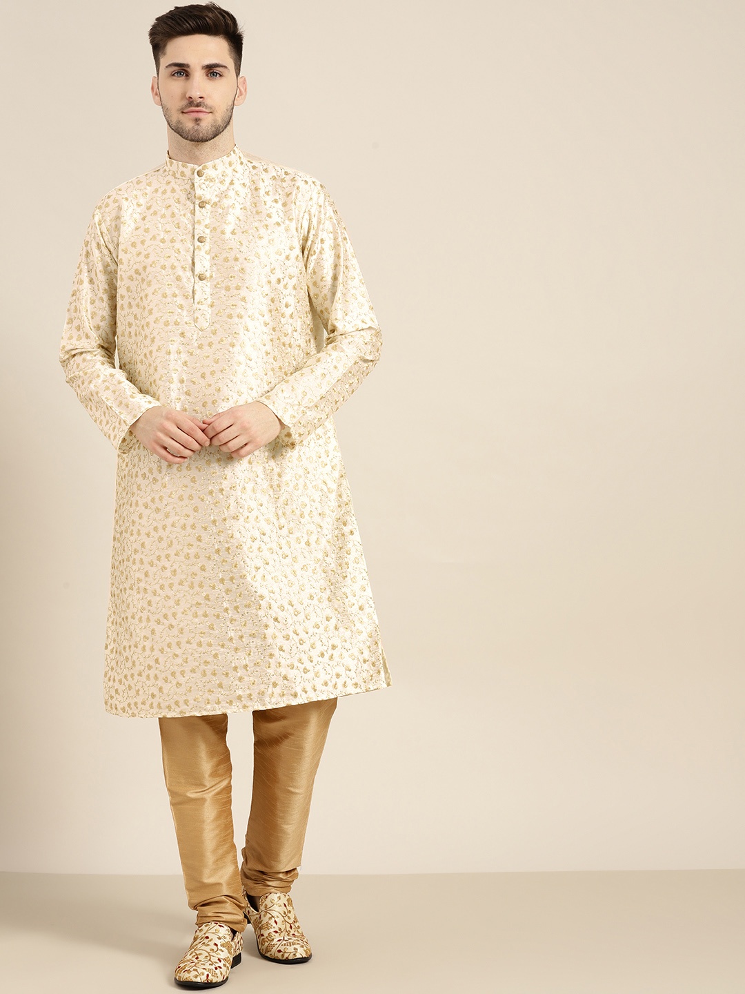 

SOJANYA Men Beige & Gold-Toned Floral Kurta