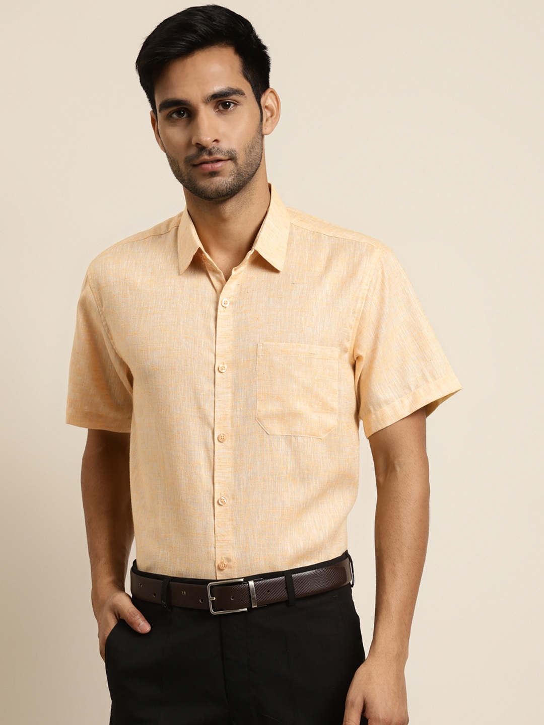 

SOJANYA Men Yellow Solid Classic Patch Pocket Formal Shirt