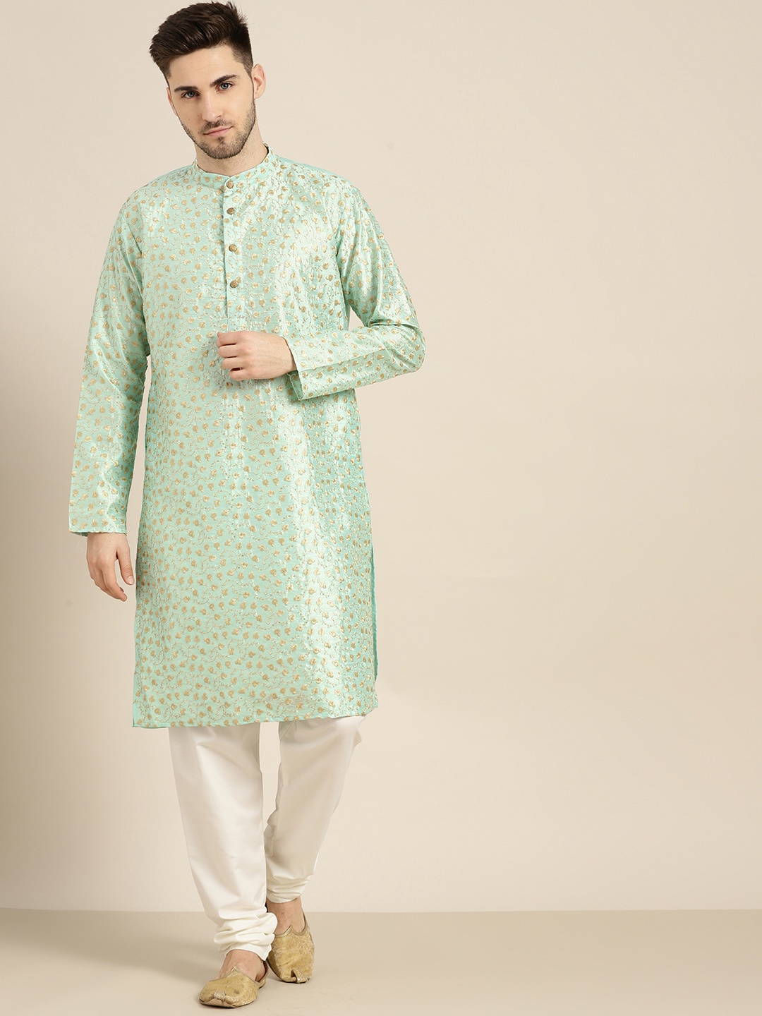 

SOJANYA Men Sea Green & Gold-Toned Floral Kurta