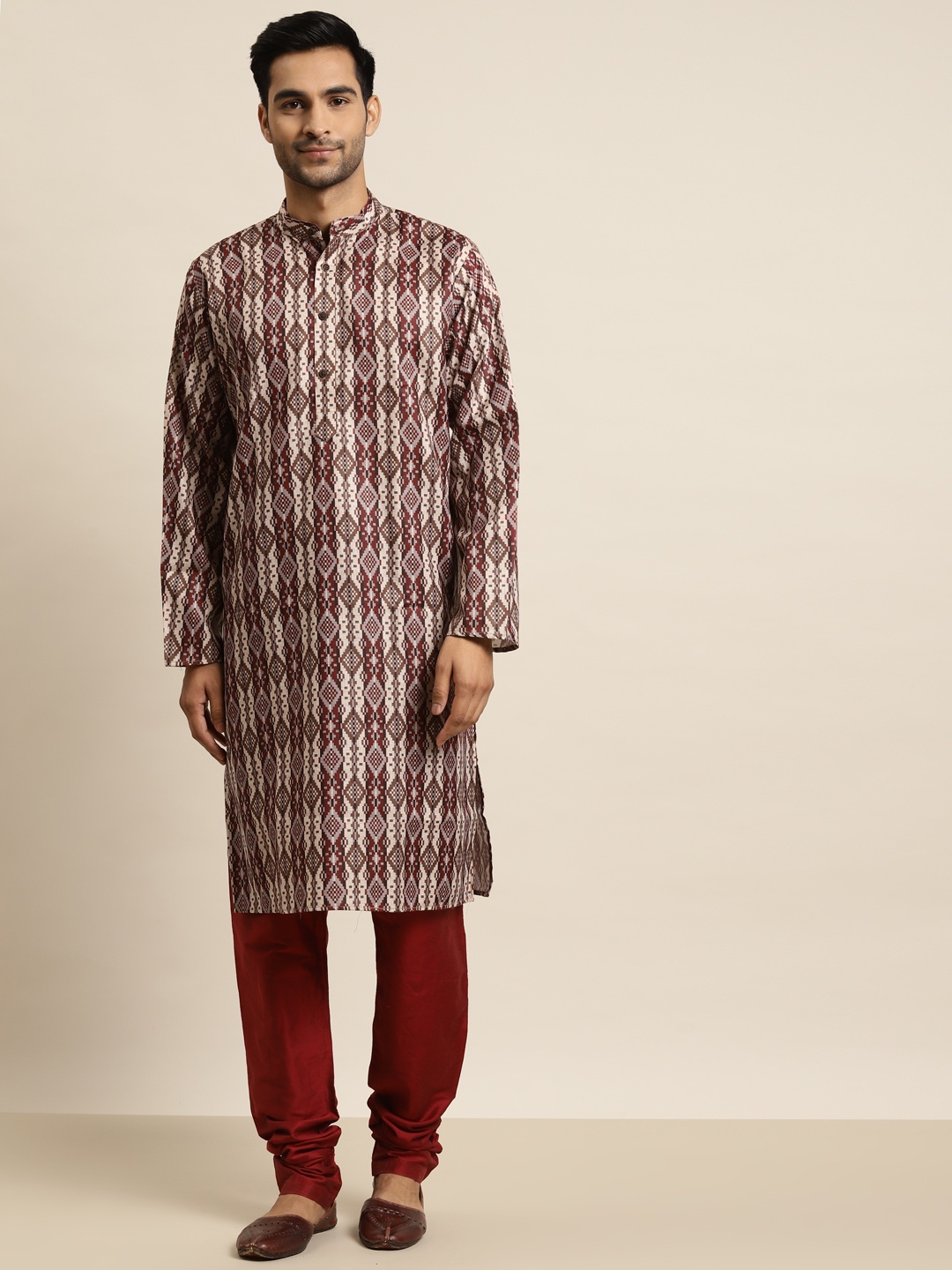 

SOJANYA Men Maroon & Brown Pure Cotton Geometric Printed Kurta