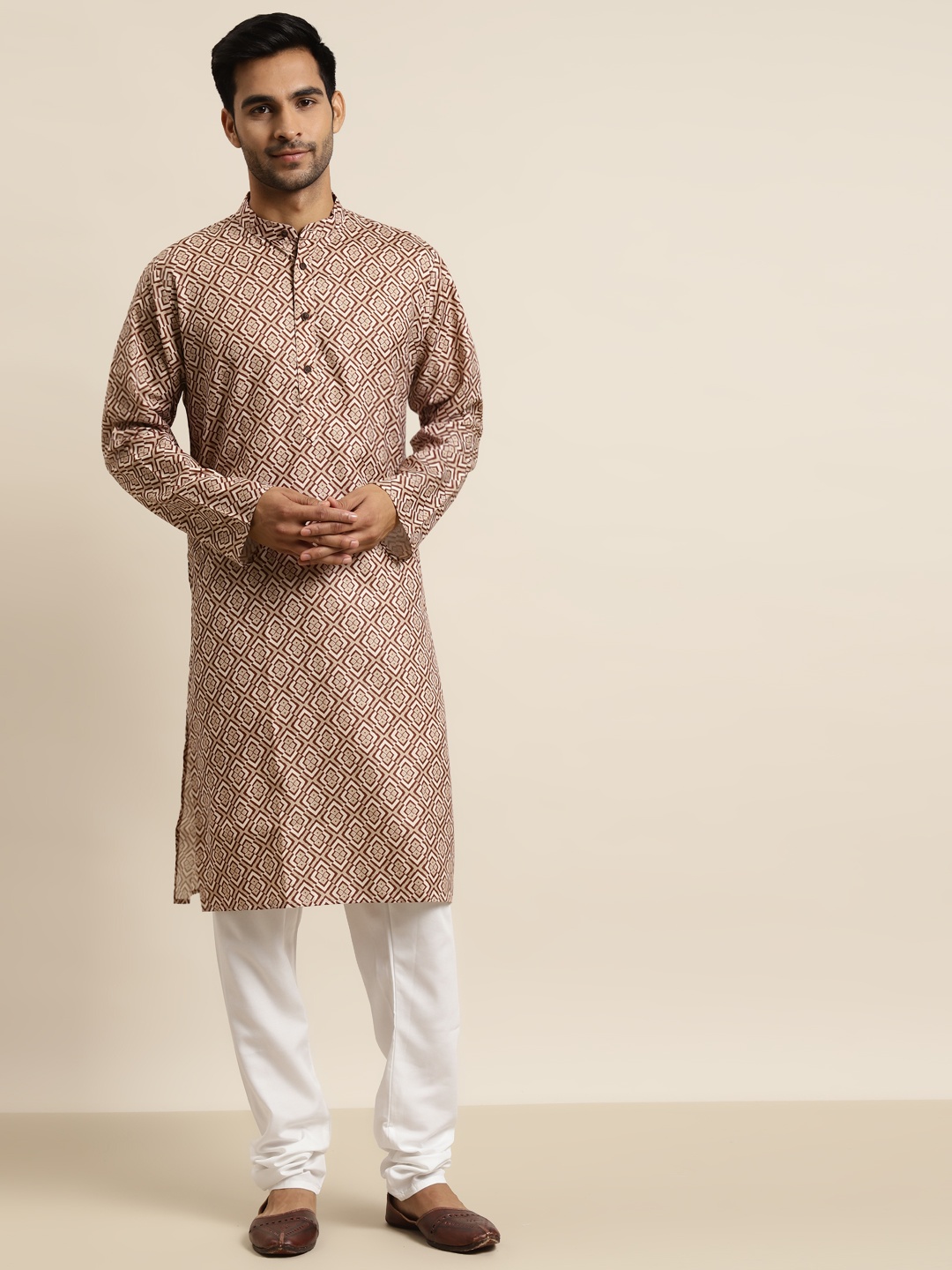 

SOJANYA Men Brown & Beige Pure Cotton Geometric Printed Kurta